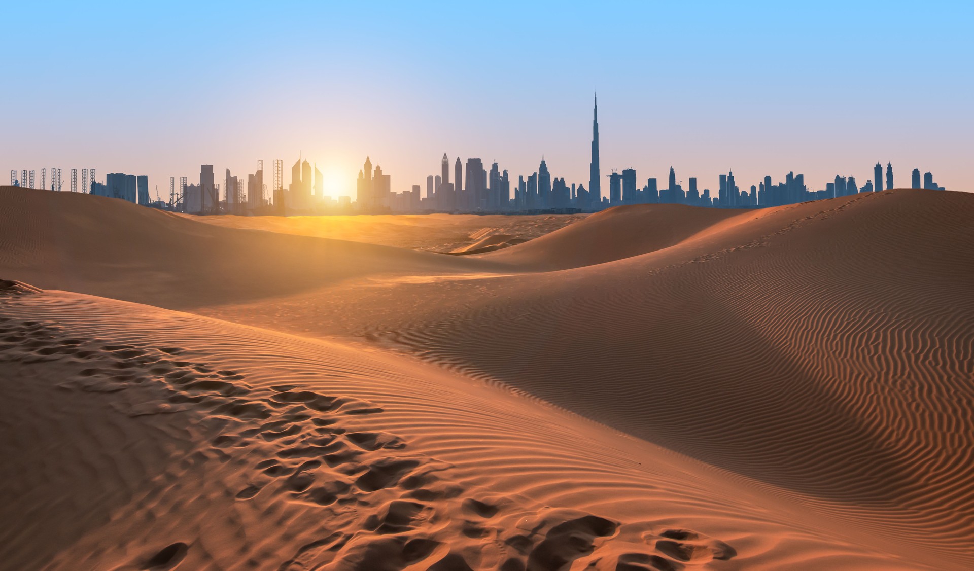 Dubai desert at sunset, United Arab Emirates.